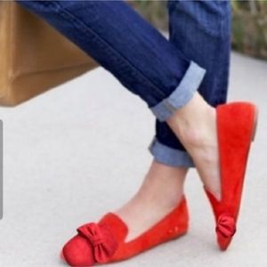 REDUCED.   CHRISTIAN Siriano Shoes Red Flats Faux Suede Bow Front Details NEW 12